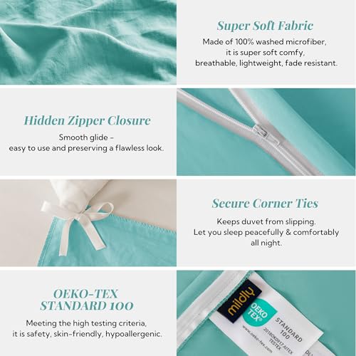 Image of MILDLY Duvet Cover King Ultra Soft Comforter Cover Set 3pcs, Aqua Blue | Washed Microfiber Cotton-Like, Breathable Comfort, Hidden Zipper, Corner Ties, OEKO-TEX Certified, Fade Resistant