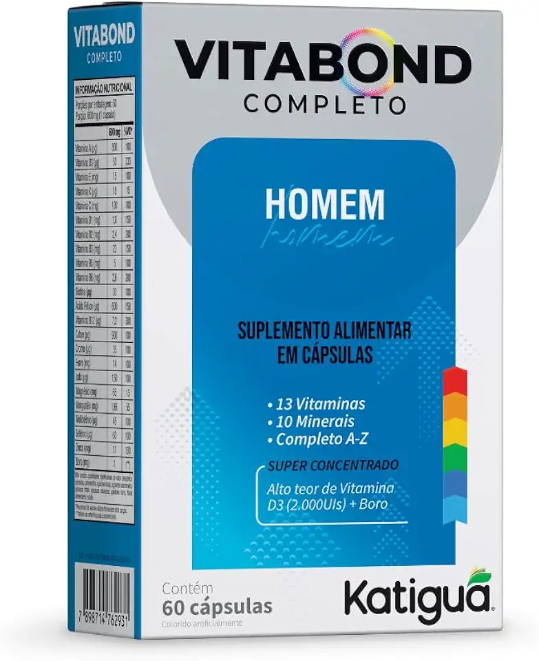 Katiguá, Polivitamínico Vitabond Homem, Completo, Com 13 Vitaminas, 10 Minerais, e Vitamina de A a Z, Super Concentrado, 60 Cápsulas rígidas • 60 doses