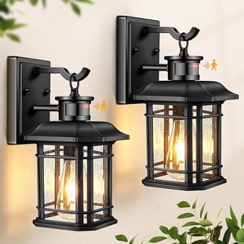 VIANIS Motion Sensor Outdoor Wall Light Fixture, 2-Pack Dusk to Dawn Outdoor Lanterns for Front Porch, Waterproof Black Garage Light Fixture Wall Mount for Garage Replacement, Anti-Rust 100% Aluminum Cover