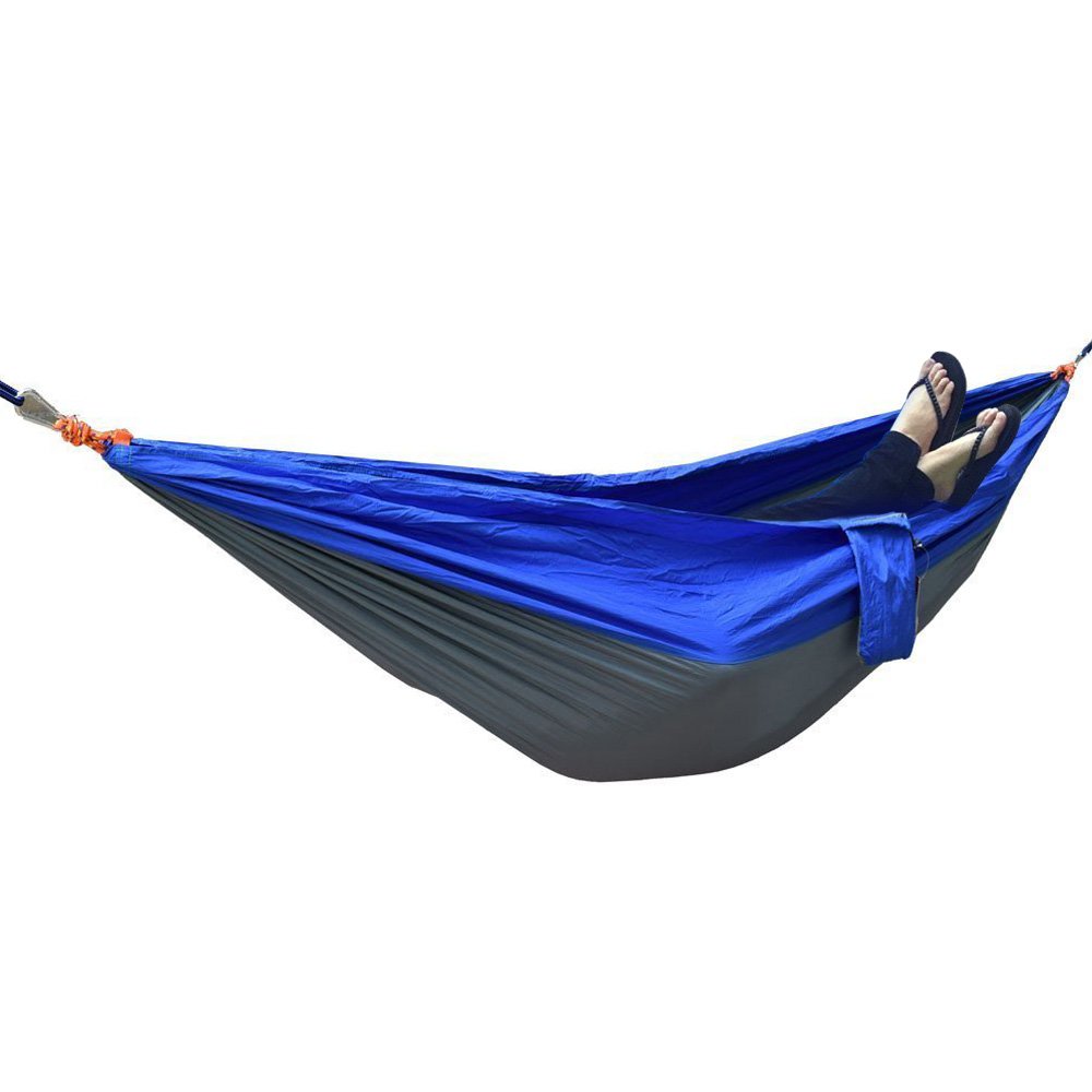 Hamac de camping double ultra léger en toile de parachute bicolore bleu gris