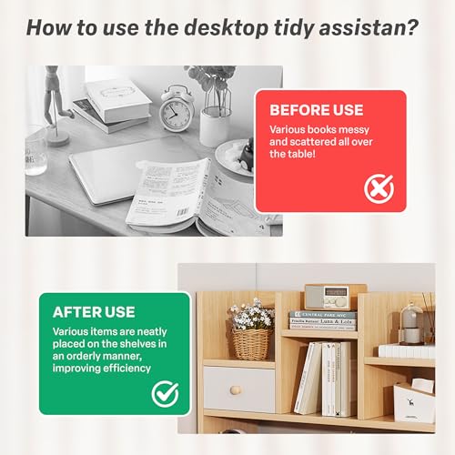Image of Yindella Multi-Functional Desktop Bookshelf Organizer, Wooden Storage Shelf, Adjustable Office Desk Organizer for Books, Stationery, Space-Saving Home & Office (Desk Bookshelf-05)