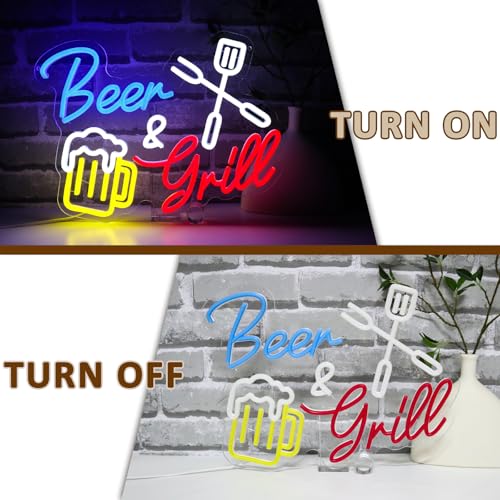 Image of Beer And Grill Neon Sign for Wall Decor, Grilling Led Signs for BBQ Bar, USB Dimmable 15.75 inch x 11.97 inch Neon Lights for Beer Bar Home Pub Restaurant Patio Man Cave Wall Art