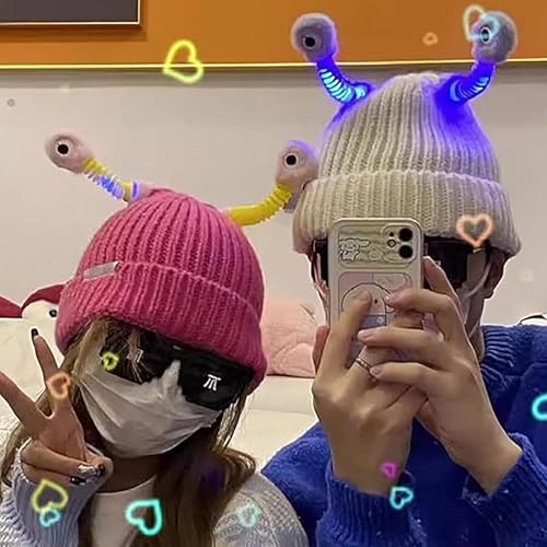2025 New Knitted Winter Parent-Child Retractable Cute Luminous Little Monster Retractable Knitted Hat with Led Gloves3