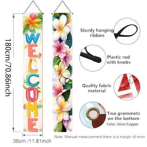 Image of BlissYard 2pcs Welcome Summer Door Banner Porch Sign Hawaiian Decorations Hawaiian Banner Hibiscus Colorful Spring Summer Decor Wall Hanging Banners for Outdoor Home Tropical Party Decor Supplies