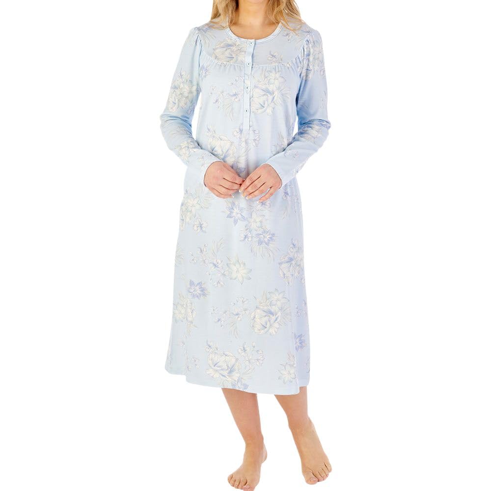 Slenderella Women's Blue Lilly Long Sleeve Buttoned Top 45 Inch Cotton Nightdress (16/18, )