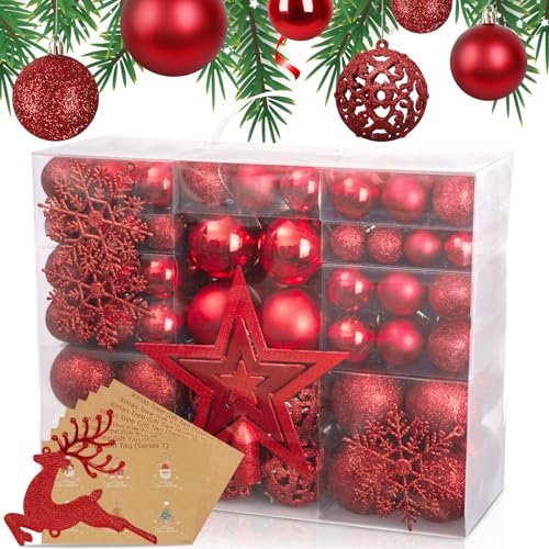 JORNOY 30 Palline Di Natale Infrangibili 60 Mm – Set Decorazioni In Plastica Rosse E Oro, Lucide E Opache, Con Cordino