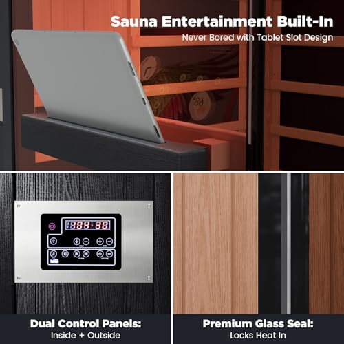 OnxyEdge 2-Person Full Spectrum Infrared Sauna, Himalayan Salt Brick Plus 12 * 12\" Red Light Therapy & 2 Built-in Speakers, 2000W - 120V Indoor Hemlock Dry Sauna with Dual LED Controls for Home & Gym