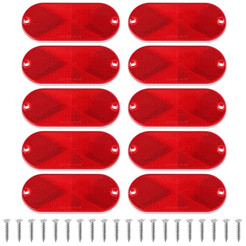 Image of 10 Pcs Front Reflector Oval Reflector with Mounting Hole, Driveway Trailer Reflectors with 20 Screws, Safety Reflectors for Fence, Gate, Posts, Garage, Car, Tunnels, Mailbox (Red, 4.45 inch * 1.96 inch)