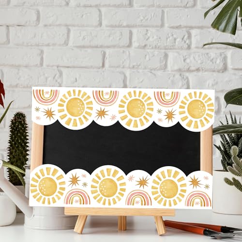 Image of BeYumi Boho Sun Border Trim - 65ft Back to School Boho Sun Scalloped Rolled Border Trim Pastel Watercolor Bulletin Board Set Classroom Office Chalkboard Kindergarten Elementary Home Party Decoration