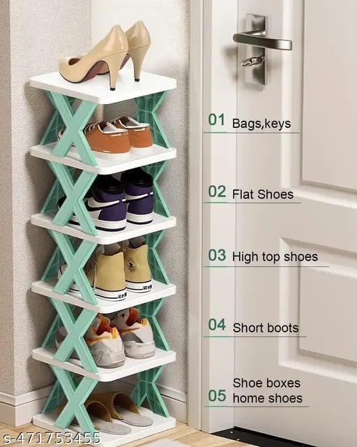 Image of STELITE 5-Layer Plastic Shoe Rack for Home | Stackable & Adjustable Foldable Shoe Organizer Shelf | Space-Saving Storage Stand with Book & Shoe Slots (Green, Medium)