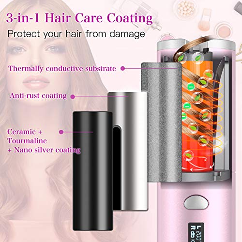 Cordless Auto Hair Curler, Automatic Curling Iron with 6 Temperatures & Timer Settings & Auto Shut-Off Portable Rechargeable Anti-Tangle Hair Curling Iron Wand for Hair Styling Anytime Anywhere (pink)