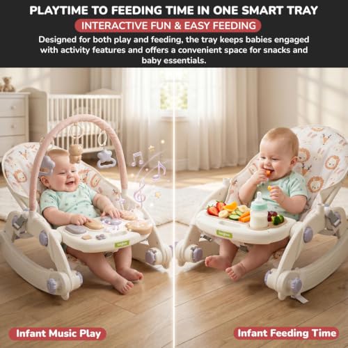 Image of Baybee 8 in 1 Rocker for Babies with Music Toy Bar, Soft Fabric, Food Tray, Tool Free Installation | Multi-Function Push Walker, Ride-On, Play Gym & Rocking Chair | Baby Bouncers & Rockers for 0-3 Years (Purple & White)