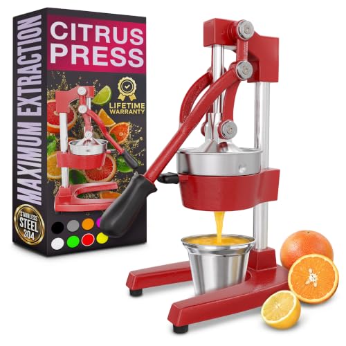 Image of Cast Iron Juicer Hand Press, Heavy-Duty Squeezer (Red) | Lever Manual Citrus Press Juicer & Orange Squeezer for Lemon, Lime & Lemonade; Steel Cone & Strainer; for Home or Bar