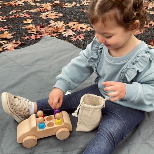 Image of My Felt Story Wooden Peg Doll Car | 6 Seat Passenger Play Vehicle Gift for Toddlers | Montessori Preschool Natural Wood Toy