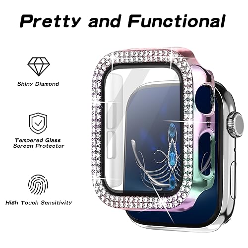 Magnetic Band Compatible with Apple Watch 38mm 40mm 41mm 42mm 44mm 45mm 46mm Stainless Steel Metal Strap with Bling Case and Built-in Screen Protector, Dressy Milanese Loop iWatch Bands for Women