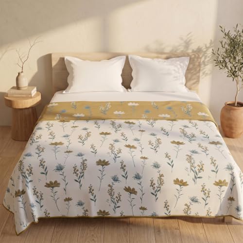 Image of HUESLAND 100% Cotton Reversible Dohar Double Bed Cotton | Soft Cambric Weave, All Weather Light AC Blanket | 86 x 94 inches, Floral - Olive Green & White