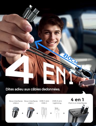 Organisateur Cables Voyage : LISEN 4 en 1 Rétractable Chargeur Voiture USB C 84W Rapide Allume ... – Image 3