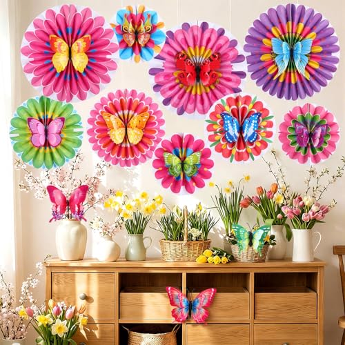 Image of Affrolling 21 Pcs Butterfly Flower Paper Fan, Butterfly Birthday Decorations, Colorful Party Decoration for Garden, for Wall Hanging Flower Decor Birthday Garland Backdrop for Tea Party