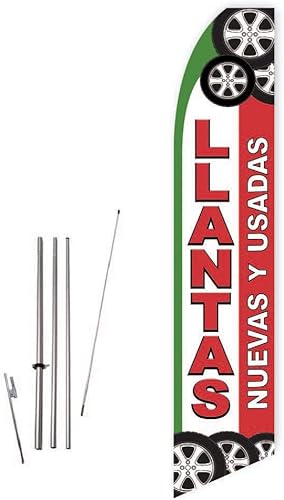 Miniatura 1 de Llantas Nuevas Y Usadas (Blanco/Rojo) Bandera de plumas Super Novo - Completo con juego de poste de 15 pies y estaca de tierra