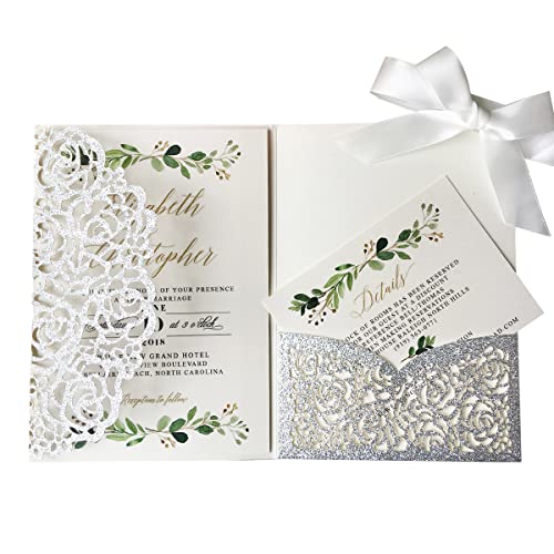 20 invitaciones de boda trípticas cortadas con láser con tarjetas RSVP para boda, despedida de soltera, compromiso, cumpleaños, invitación (purpurina plateada)