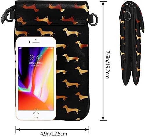 Gold Dachshund Or Doxie Pattern Women Soft PU Leather Cellphone Purse Wallet Handbag Small Crossbody Shoulder Bag