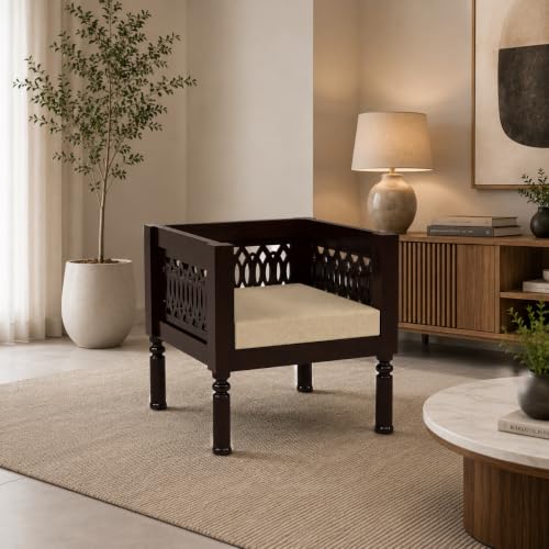Image of NATRAJ ART & CRAFT Sheesham Wood 1 Seater Sofa Set for Living Room | Wooden CNC Sofa Set for Living Room Furniture (1 Seater, Walnut Finish)