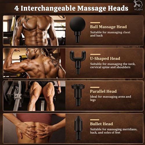 Image of KLEN Rechargeable Massage Gun For Pain Relief with 4 Interchangeable Heads Cordless Electric Handheld Percussion Massager Machine for Back, Neck, Shoulders, Legs and Muscle Recovery
