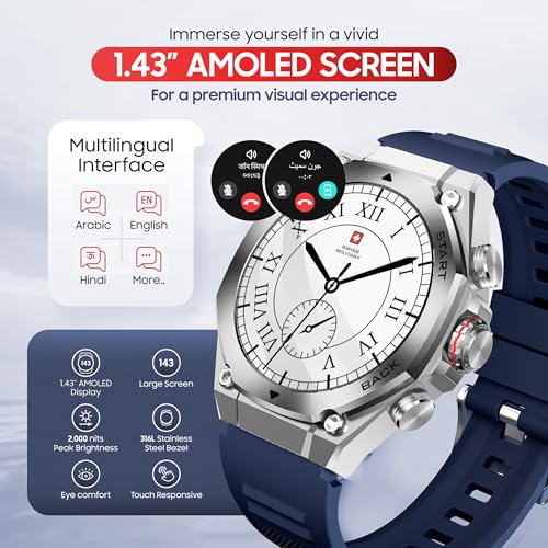 Image of Swiss Military DOM6 Smartwatch 1.43 inch AMOLED, Bluetooth Calling, Multi Language, Health & Sports Tracking, Wireless Charging, 7 Days Battery, IP67, iOS /Android Compatible,Silver Frame with Blue Strap