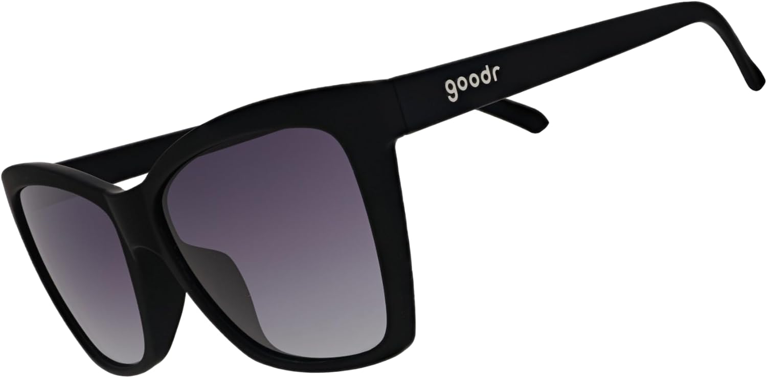 goodr New Wave Renegade Polarized Sunglasses, Medium Sized (Glam G), Black Solid Cat-Eye Frames with Black Gradient Lenses, Dark to Light Tint, UV400 Protection, No Slip, No Bounce