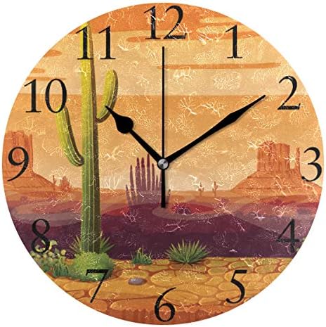 susiyo Desert Cactus at Sunset Wall Clock 9.8 Inch Silent Round Wall Clock Battery Operated Non Ticking Creative Decorative Clock for Kids Living Room Bedroom Office Kitchen Home Decor