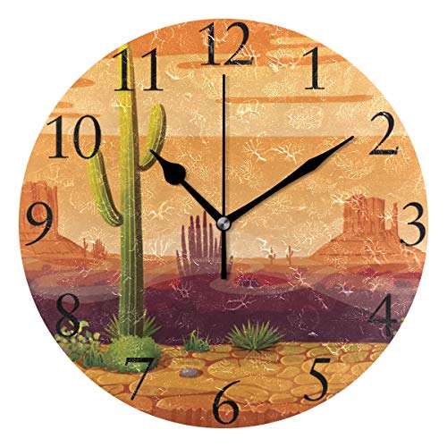 susiyo Desert Cactus at Sunset Wall Clock 9.8 Inch Silent Round Wall Clock Battery Operated Non Ticking Creative Decorative Clock for Kids Living Room Bedroom Office Kitchen Home Decor