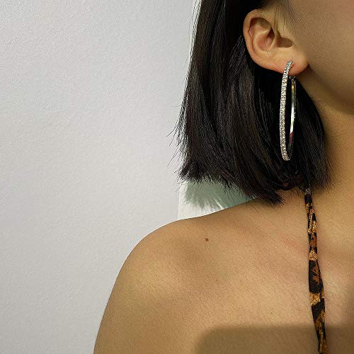 Denifery Hoop Earrings For Women Rhinestone Crystal Circle Hoop Earring Bridal Wedding Girls Hoops Jewelry (M, Silver)