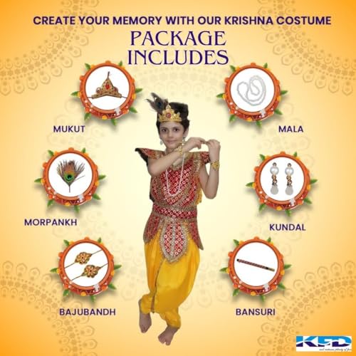 Image of Kaku Fancy Dresses Krishna Costume for Kids, Baby Krishna Dress for Janmashtami, Bal Krishna Dhoti Set, Krishnaleela Costume, Infant Bal Gopal, Krishna Fancy Dress Costume for Boys /Girls