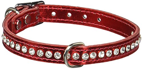 Image of Signature Leather Crystal Dog Collar, Metallic Red Solid Grain Leather, Fits 9.5 inch-11.5 inch Neck Size, 14 inch Overall Length