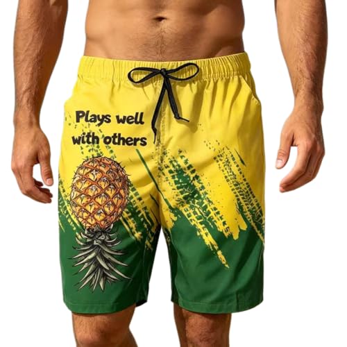 Plays Well with Others Mens Swim Trunks Quick Dry Swimming Trunks Upside Down Pineapple Beach Shorts with Mesh Lining XL
