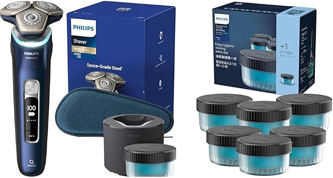 Philips Electric Shaver 9000 Series Mens Electric Shaver with Washer 72 Blades, Rotary, Bath Shaving, Washable Available S9980/50 Adria Blue + Cleaning Solution 6 Piece Shaver S5000, S7000, S9000
