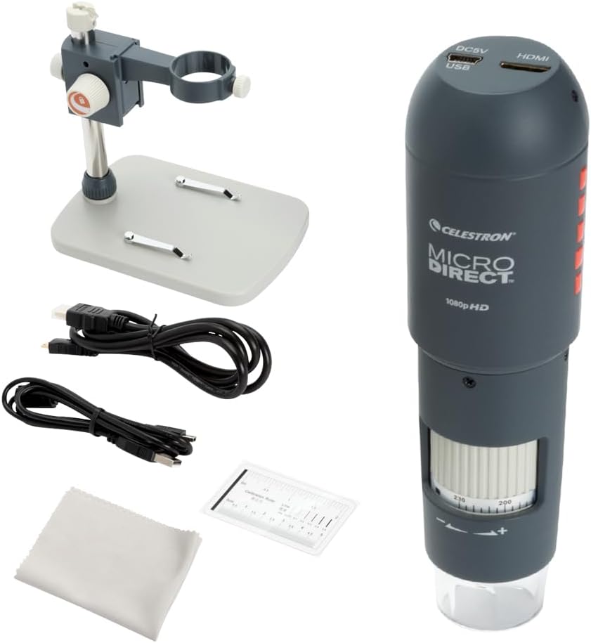 Celestron 44316 MicroDirect 1080P HDMI Handheld Digital Microscope, 10x-220x Magnification, Grey/White