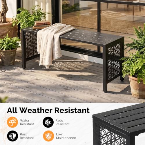 Image of VINGLI 40in Outdoor Metal Bench, All-Weathe Backless Patio Bench with Slatted Seat&Floral Side Panels, Rust-Resistant Garden Bench, Weatherproof Outdoor Seating for Porch Entryway Backyard (Black)