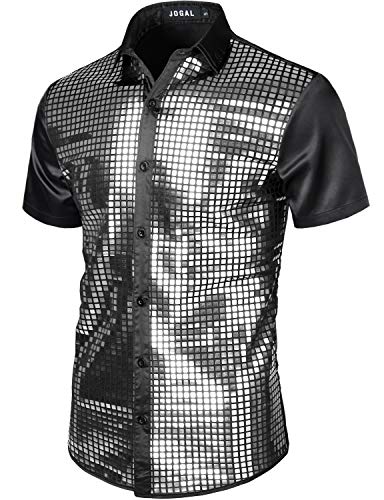 image for JOGAL Mens 70s Disco Shirt Silver Sequins Party Costume Short Sleeve B
