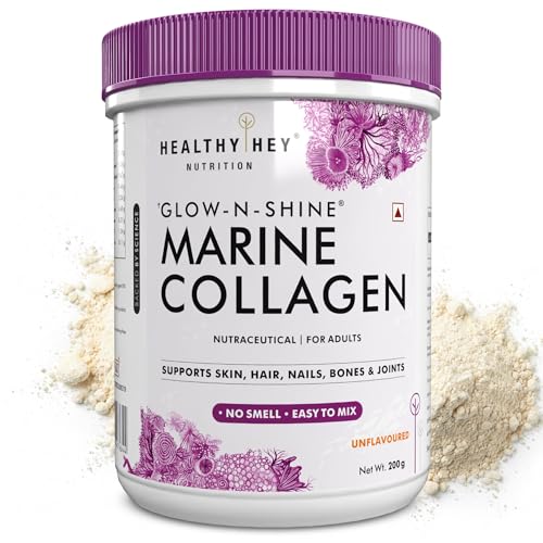 Image of HealthyHey Glow-N-Shine Marine Hydrolyzed Fish Collagen Peptides | Type 1 & 3 Collagen Supplement with Hyaluronic Acid | For Skin, Hair, Nails (Unflavoured, 200,g)