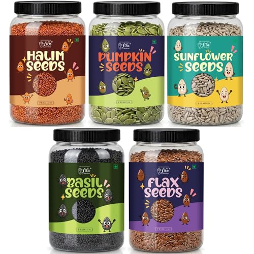 Image of LILA DRY FRUITS Seeds Combo Pack Pumpkin Sunflower Basil Halim Flax Seed 100 g x 5 | Mixed Raw Super Seeds for Daily Nutrition Perfect for Gifting