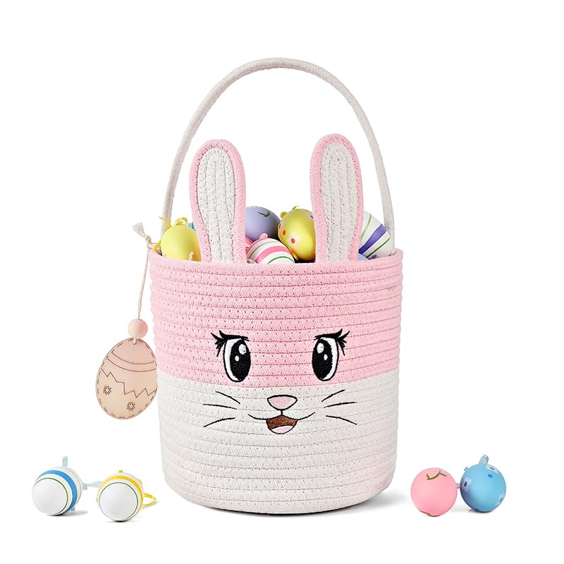 Easter Basket Cute Bunny Baskets Personalized Rabbit Bucket with Folding Handle for Egg Hunting, Embroidered Easter Bag Woven Cotton Rope Tote for Boys Girls Newborn, for Candy Gifts Toy Storage, Pink-image-27