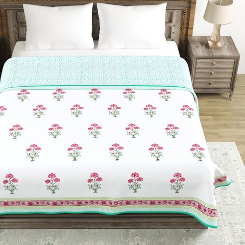 Image of BLOCKS OF INDIA 100% Cotton Dohar King Size Reversible Hand Block Printed Malmal Summer Dohar /Blanket (Turquoise Flower)
