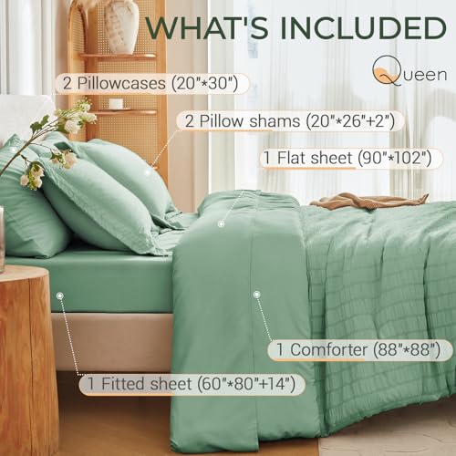 Image of MUXHOMO 7 Pieces Queen Comforter Set, Seersucker Bed in a Bag Queen Size, All Season Luxury Bedding Set with Comforter, Flat Sheet, Fitted Sheet, Pillowcases & Shams, Sage Green