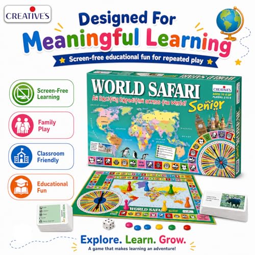 Image of Creative's World Safari Senior| World Geography Learning Game for Kids & Adults| Educational Board Games with World Map, Learn about Countries, Capitals, Continents, GK Quiz, Ages 10+, 2-6 Players