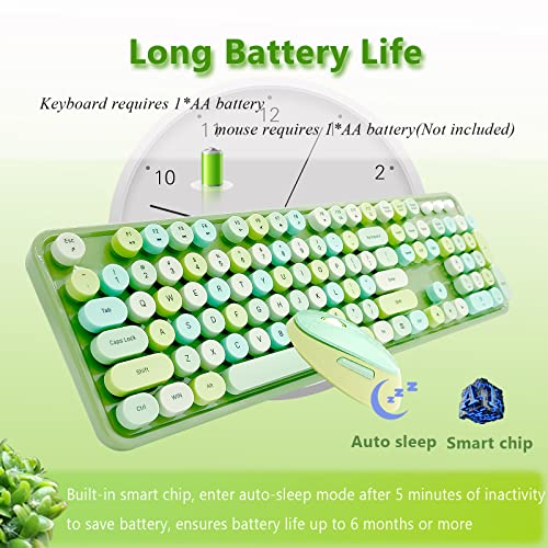 Image of Wireless Keyboard and Mouse Combo, Ergonomic Cute Retro Typewriter Full Size Colorful USB Cordless Keyboard Mouse Set for Gaming and Office (Green)