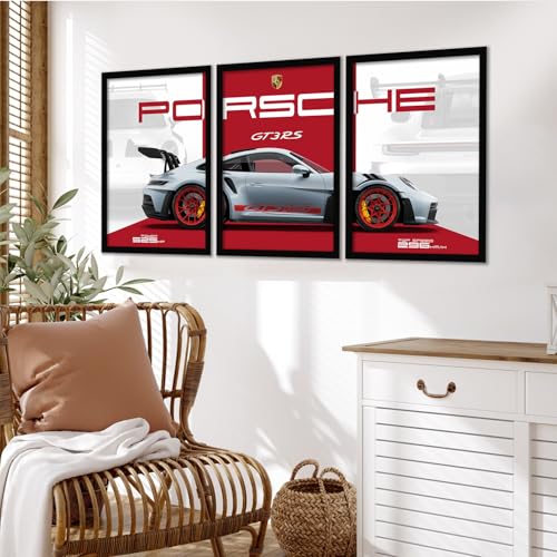 Image of ARTELLY Big Porsche 911 GT3rs Sports Car Framed Wall Posters, Set of 3, Premium Framed Painting, Living Room Bedroom Decoration, Large Size Gift Item for Boys Room Decor (Porsche 2, 10x13 inch)