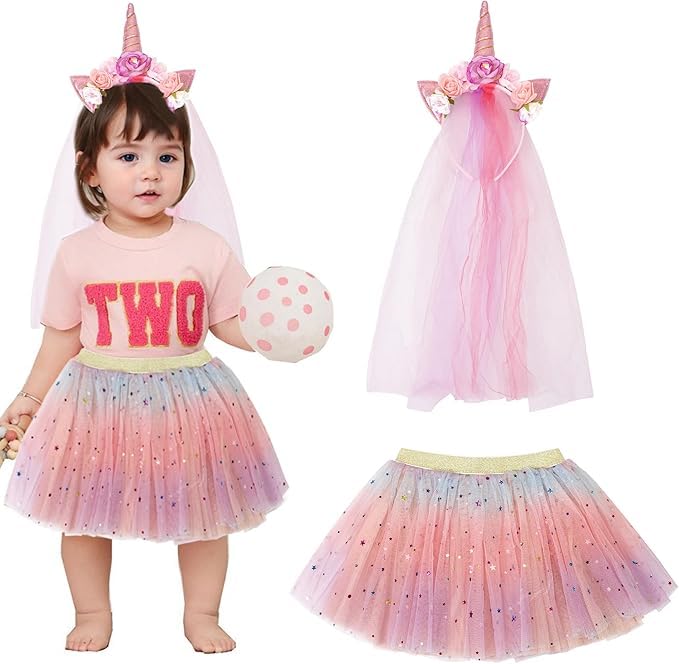 Image of Little Girls Dress Up with Pink Unicorn Tutu Headband,dreamy pink S, 1-3T