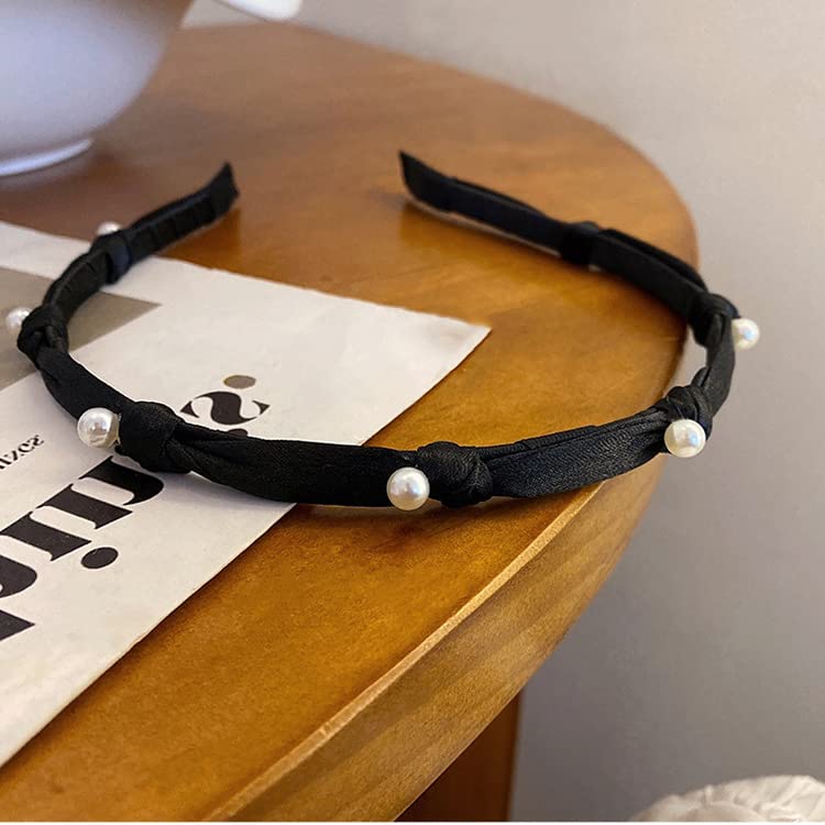 Miniatura 2 de Diademas para mujeres y niñas, diadema con lazo de perlas negras, accesorios para el cabello de boda para mujeres