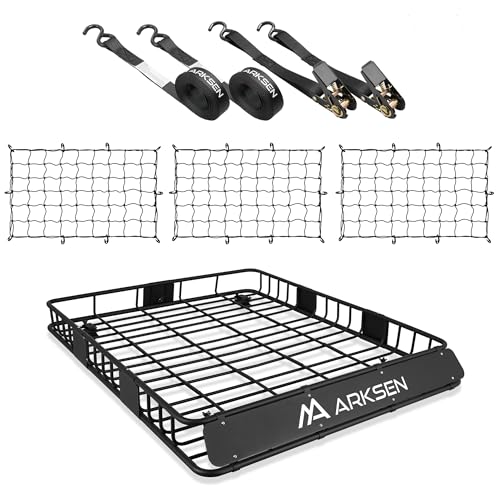 ARKSEN 84 x 50 x 6 Inch Universal Extra Wide 150LB Heavy Duty Roof Rack Cargo with 3 Nylon Cargo Nets, 2 Ratchet Straps, Car Top Luggage Holder Carrie